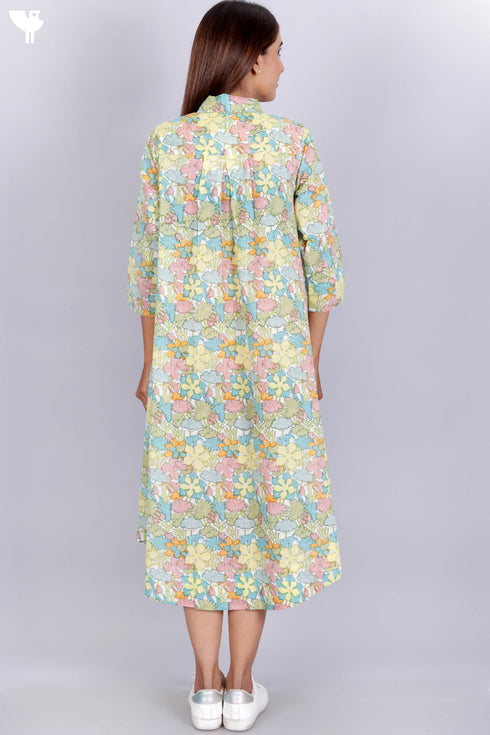 Mulmul Cotton Dress In Floral Block Print